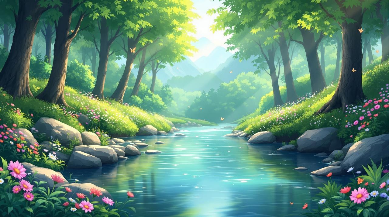 南瓜短剧 - 清澈甘甜的治愈剧场，山间清泉流淌在绿意盎然的森林中，晨光洒落，温暖治愈
